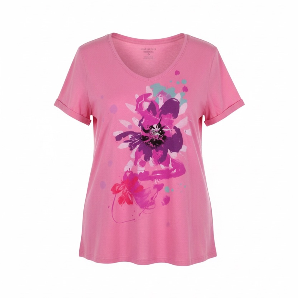 Hanes 2X Pink Floral Cotton Print V Neck Short Sleeve Casual Tee